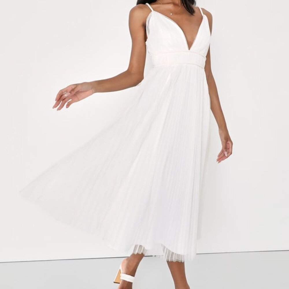 Lulus Sweet Goddess White Mesh Pleated Sleeveless Midi Dress - Size M